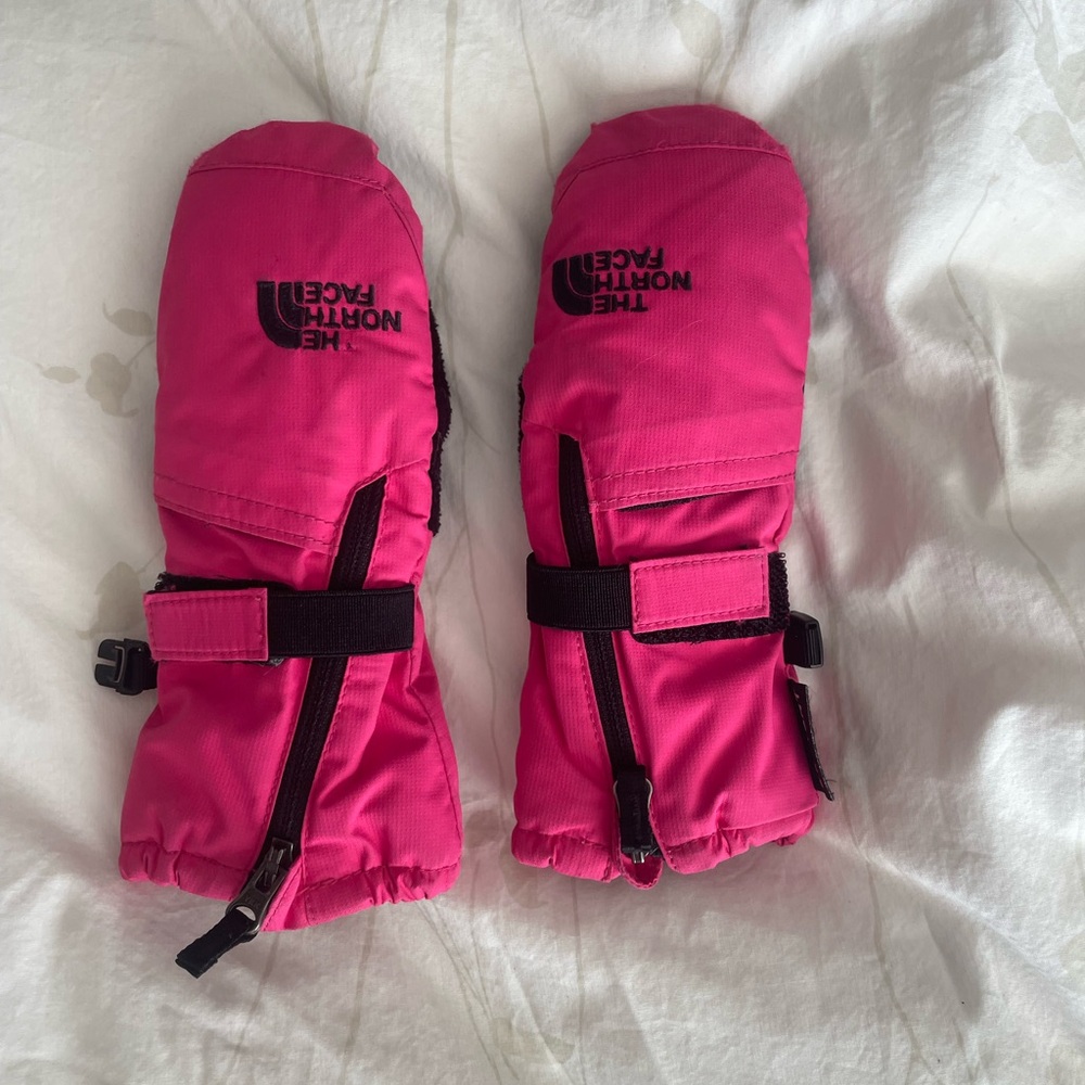 The North Face Kids Pink Insulated Mittens with Wrist Straps